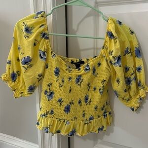Forever 21 yellow and blue floral puff shoulder top